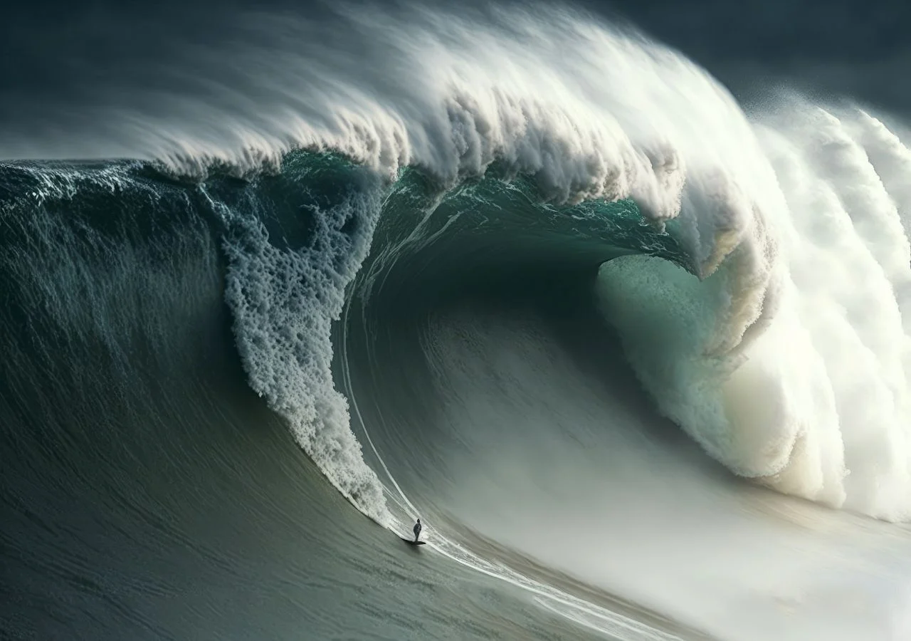 Surfista enfrentando ondas gigantes na praia de Nazaré
